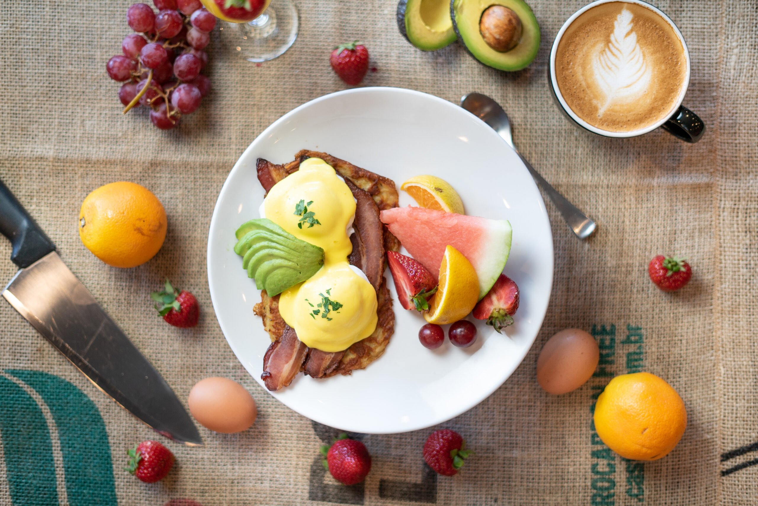 Red Barn Benny - strip or back bacon, avocado, sundried tomato pesto, hollandaise.