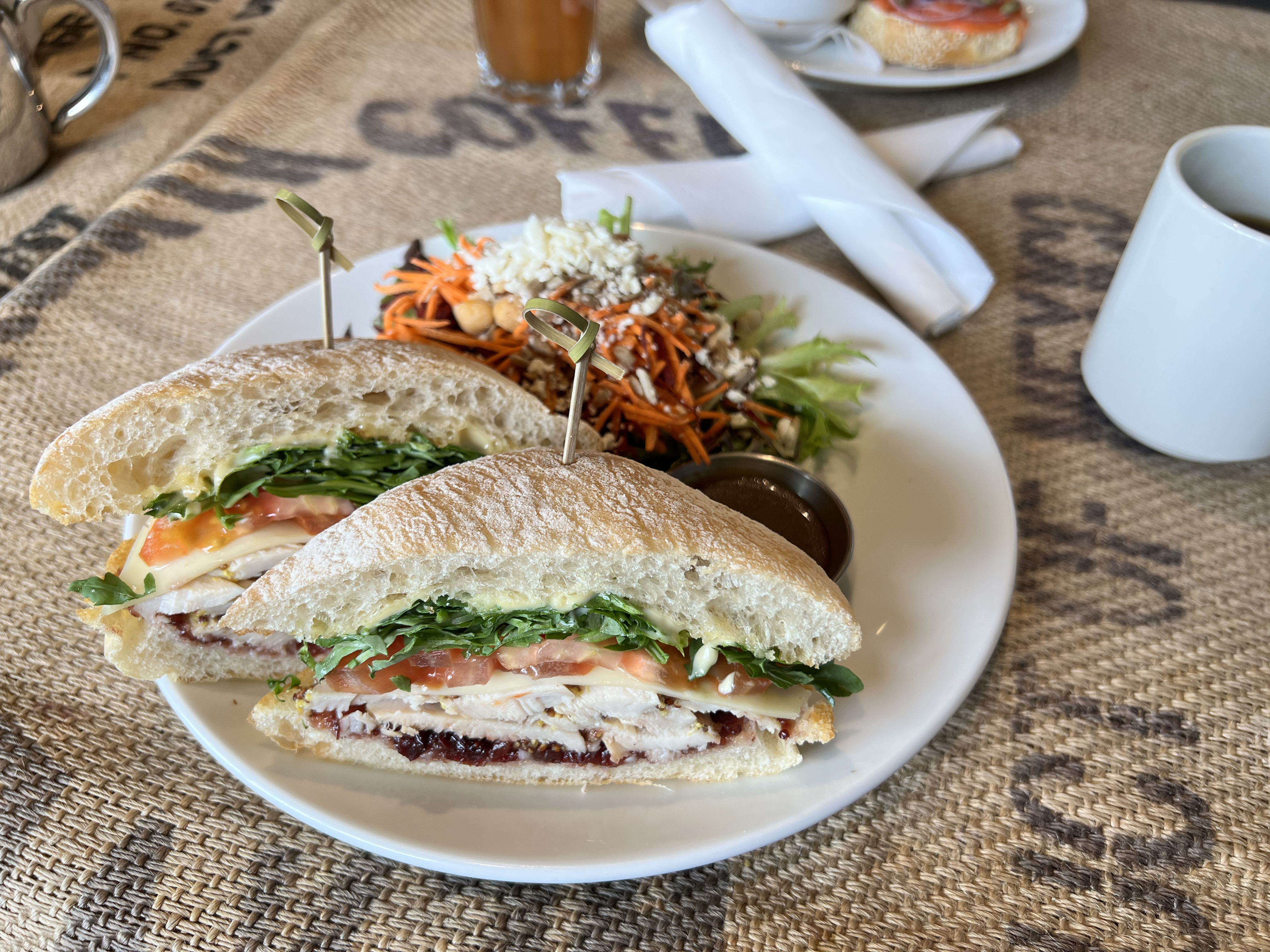 Estevan Sandwich - chicken breast, swiss cheese, cranberry relish, arugula, tomatoes, aioli, ciabatta bun.